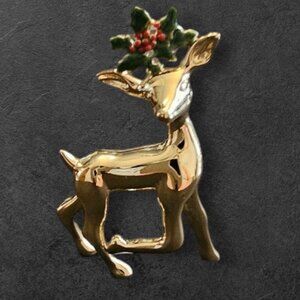 Vintage Gold Reindeer Pin With Holly AccentsChristmas brooch